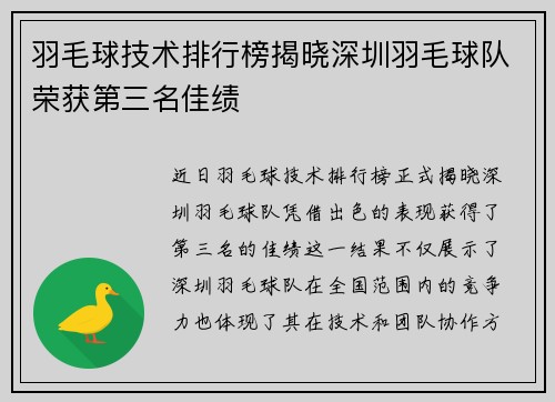 羽毛球技术排行榜揭晓深圳羽毛球队荣获第三名佳绩